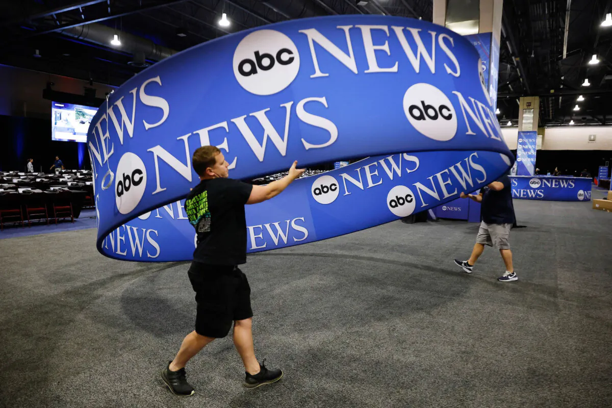 ABC News signage is installed in the media file center inside the Pennsylvania Convention Center one day before the presidential debate in Philadelphia, Pa., on Sept. 9, 2024. (Chip Somodevilla/Getty Images)