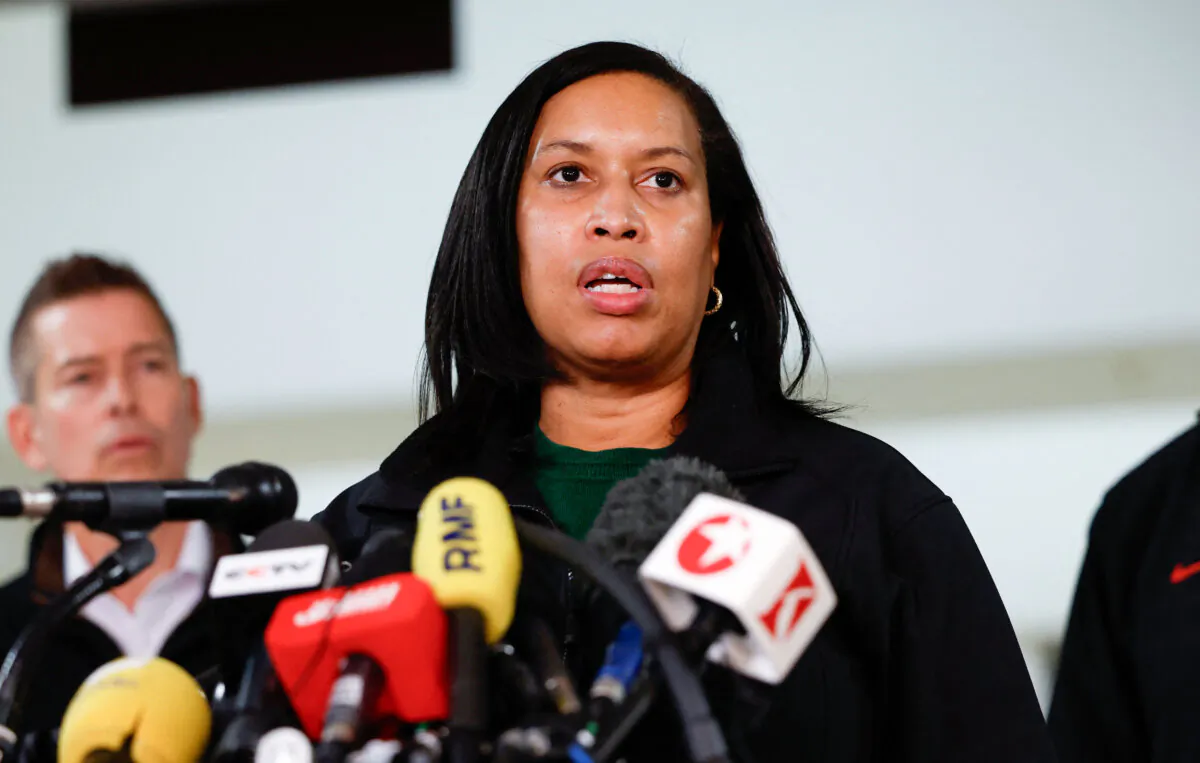Washington Mayor Muriel Bowser speaks at a media briefing at Reagan National Airport in Arlington Va., on Jan. 30, 2025. (Ting Shen/AFP via Getty Images)