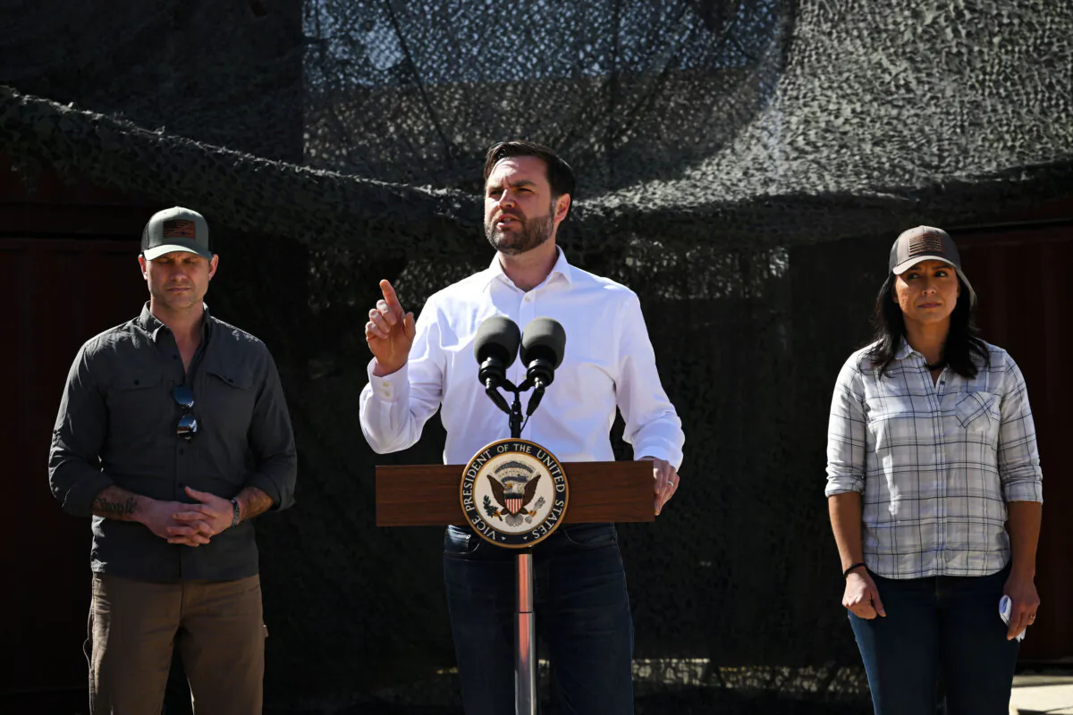 U.S. Vice President JD Vance (C) speaks as Defense Secretary Pete Hegseth (L) and Director of National Intelligence Tulsi Gabbard look on during a visit to the U.S.-Mexico border in Eagle Pass, Texas, on March 5, 2025. Vance is visiting the southern border to tour operations and meet with local, state, and federal officials regarding the significant decline in illegal crossings since U.S. President Donald Trump began his second term. (Brandon Bell/Getty Images)