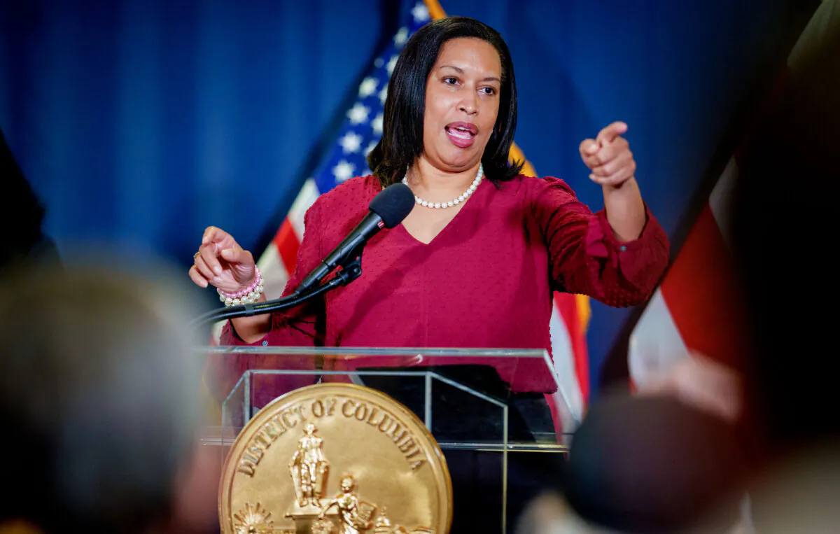 Washington, D.C. Mayor Muriel Bowser takes a question from a reporter at the National Press Club in Washington on Feb. 21, 2025. (Andrew Harnik/Getty Images)