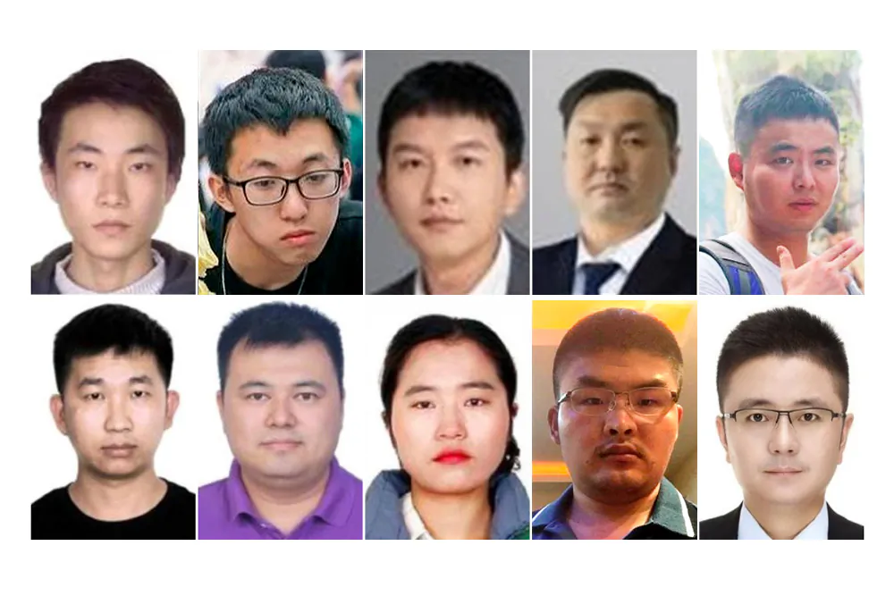 (L-R) The headshots of eight employees of Chinese tech firm i-Soon: Wu Haibo, Chen Cheng, Liang Guodong, Ma Li, Wang Yan, Wang Zhe, Zhou Weiwei, Xu Liang, and two officers with the Ministry of Public Security, Wang Liyu and Sheng Jing. (FBI)