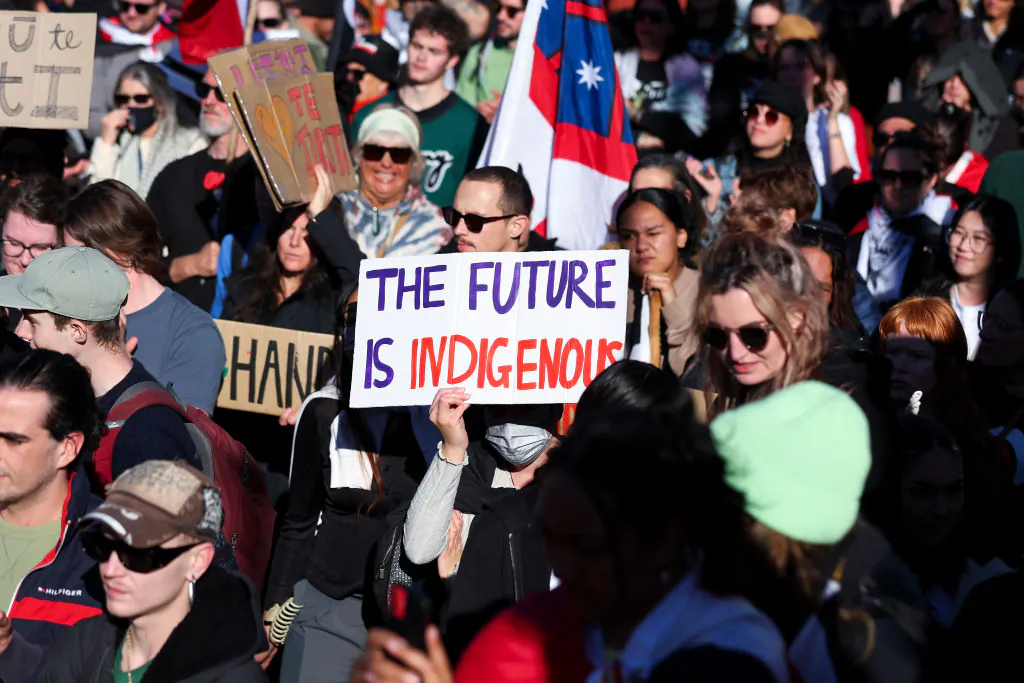 New Zealanders gather during budget day 2024 at Parliament on May 30, 2024 in Wellington, New Zealand. (Photo by Hagen Hopkins/Getty Images)