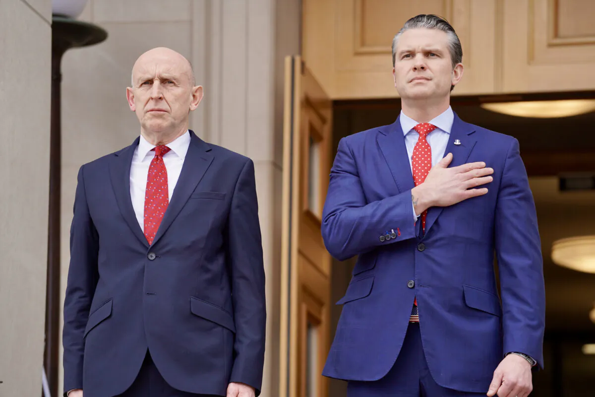 Secretary of State for Defence John Healey (left) with Pete Hegseth, U.S. secretary of defence, ahead of a meeting at the Pentagon in Washington, on March 6, 2025. (Carla Rutherford/MoD Crown copyright /PA)