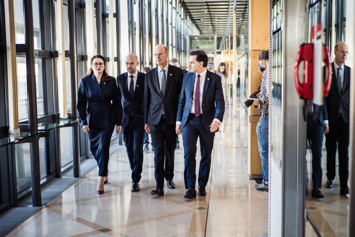 (L-R) Yulia Svyrydenko, Ukraine's deputy prime minister and minister of the economy, and French cabinet ministers Jean Noel Barrot, Eric Lombard, and Laurent Saint Martin  in Paris, France, on March 7, 2025. (Bastien Ohier/Hans Lucas via AFP via Getty Images)