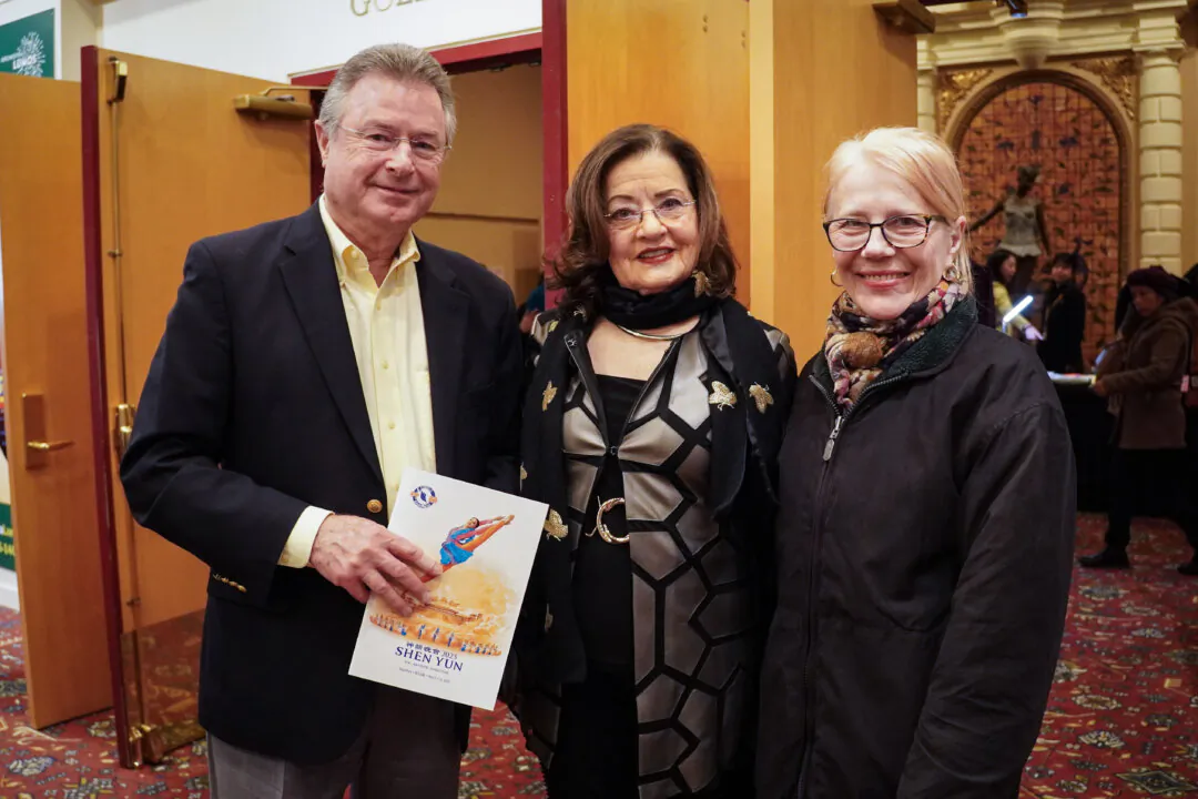 (L–R) Christian Niemeyer, Lisa Silver, and Elena Ivanina enjoyed Shen Yun Performing Arts at The Palace Theatre in Stamford on March 7, 2025. (Samira Bouaou/The Epoch Times)