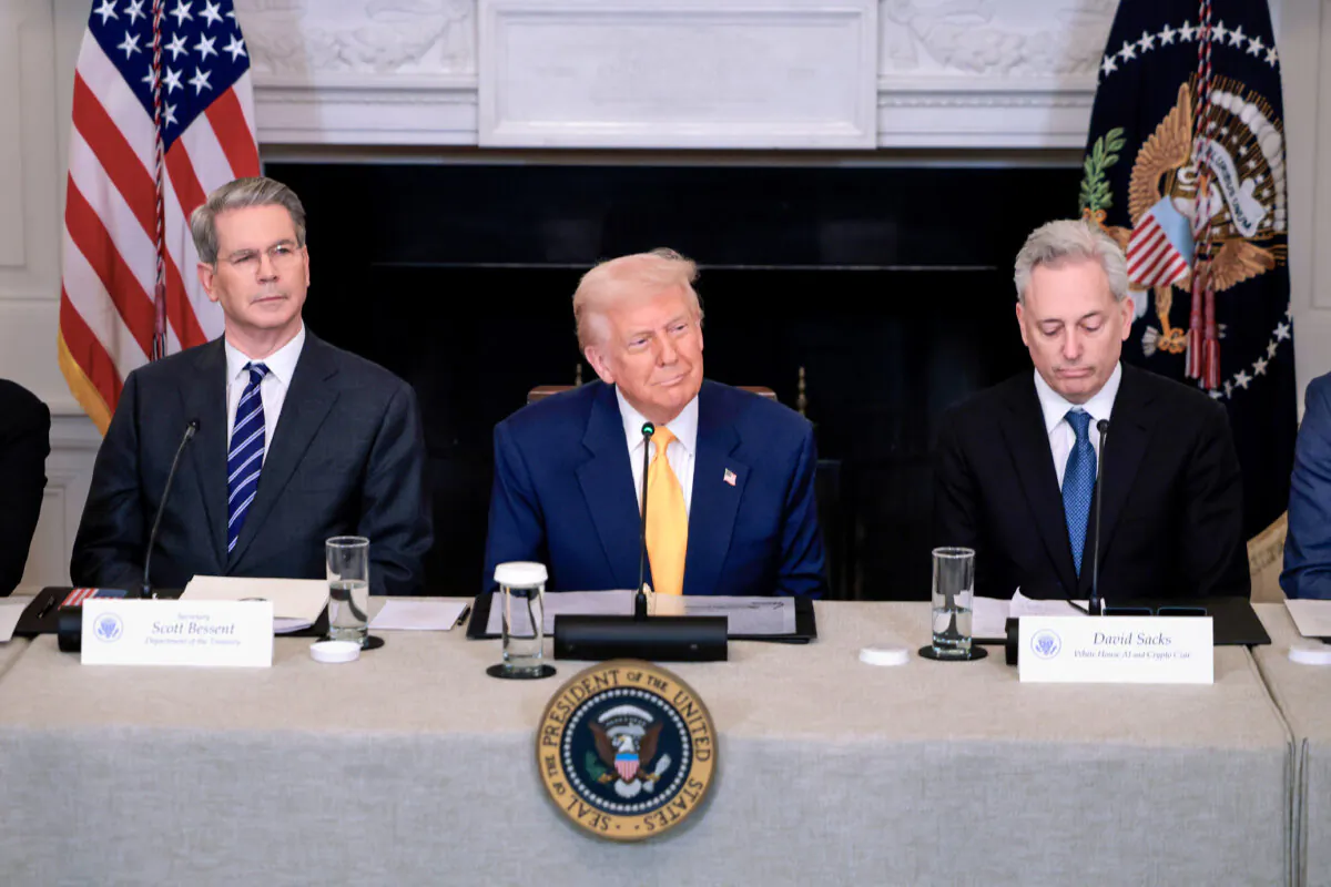 President Donald Trump (C) speaks alongside Treasury Secretary Scott Bessent (L) and White House crypto czar David Sacks at the Digital Assets Summit at the White House on March 7, 2025. (Anna Moneymaker/Getty Images)