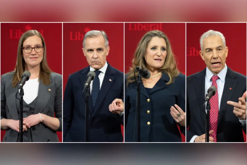 Liberal Party of Canada leadership candidates are shown in a composite image made from four photographs. Karina Gould (L-R), Mark Carney, Chrystia Freeland and Frank Baylis are seen during press availabilities following the Liberal leadership race's French-language debate in Montreal on Feb. 24, 2025. (The Canadian Press/Christinne Muschi)