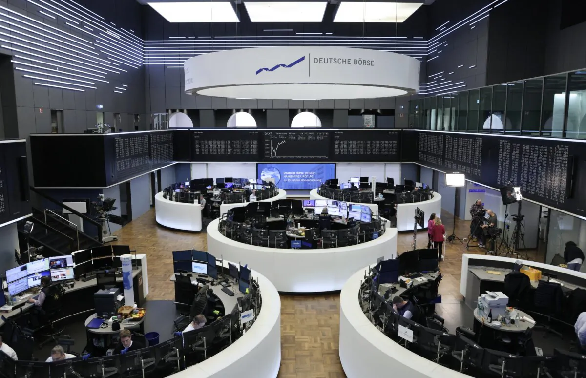Brokers at the stock exchange in Frankfurt, Germany, on Feb. 24, 2025. (Daniel Roland/AFP via Getty Images)