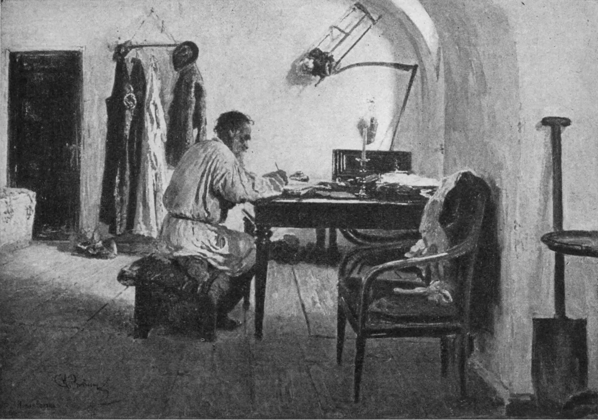 A detail from "Count L.N. Tolstoy in His Work-Room," 1891, by Ilya Repin. (Public Domain)