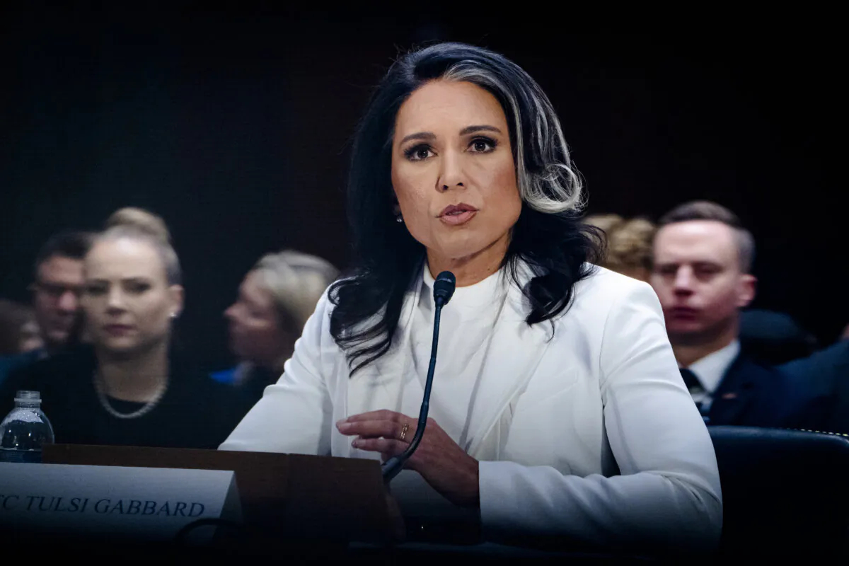Tulsi Gabbard, nominee for Director of National Intelligence (DNI), testifies before the Senate Select Committee on Intelligence on Capitol Hill in Washington on Jan. 30, 2025. (Madalina Vasiliu/The Epoch Times)