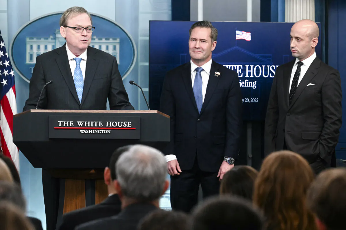 Director of the National Economic Council Kevin Hassett (L) speaks alongside national security advisor Mike Waltz (C) and White House deputy chief of staff for policy/homeland security advisor Stephen Miller (R) during the daily briefing in the Brady Briefing Room of the White House on Feb. 20, 2025. (Jim Watson/AFP via Getty Images)