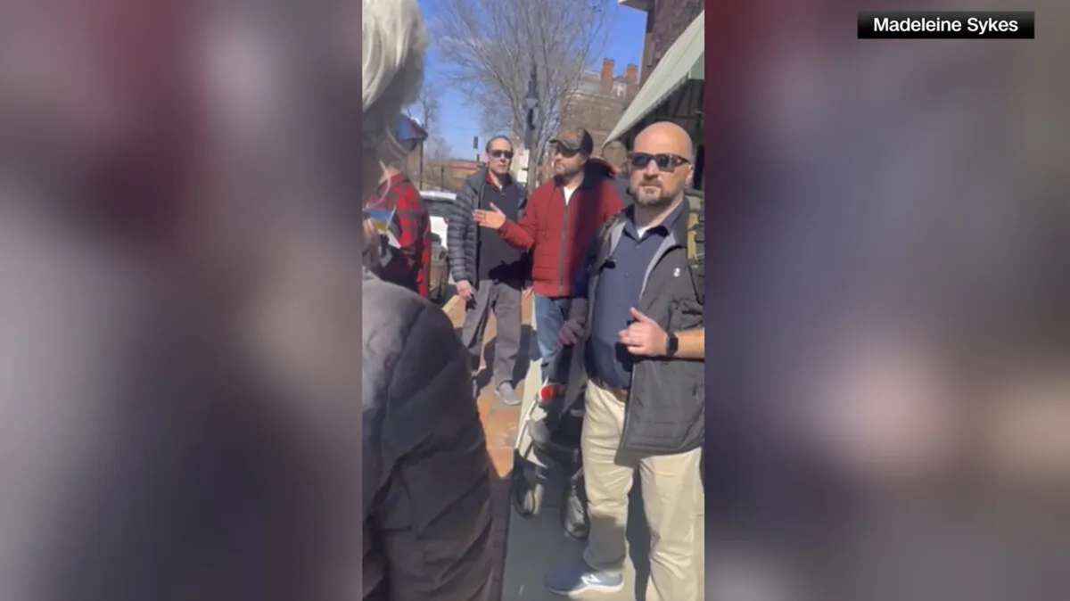 Vice President JD Vance is confronted by protesters about the war between Russi and Ukraine, in Cincinnati, Ohio, on March 8, 2025, in a still from video. (Courtesy of Madeleine Sykes)
