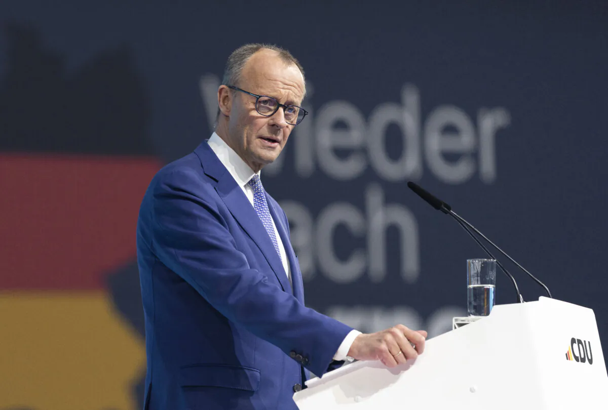 Friedrich Merz, chancellor candidate and leader of the Christian Democrats (CDU), speaks to delegates at a CDU party congress in Berlin, Germany, on Feb. 3, 2025. (Maja Hitij/Getty Images)