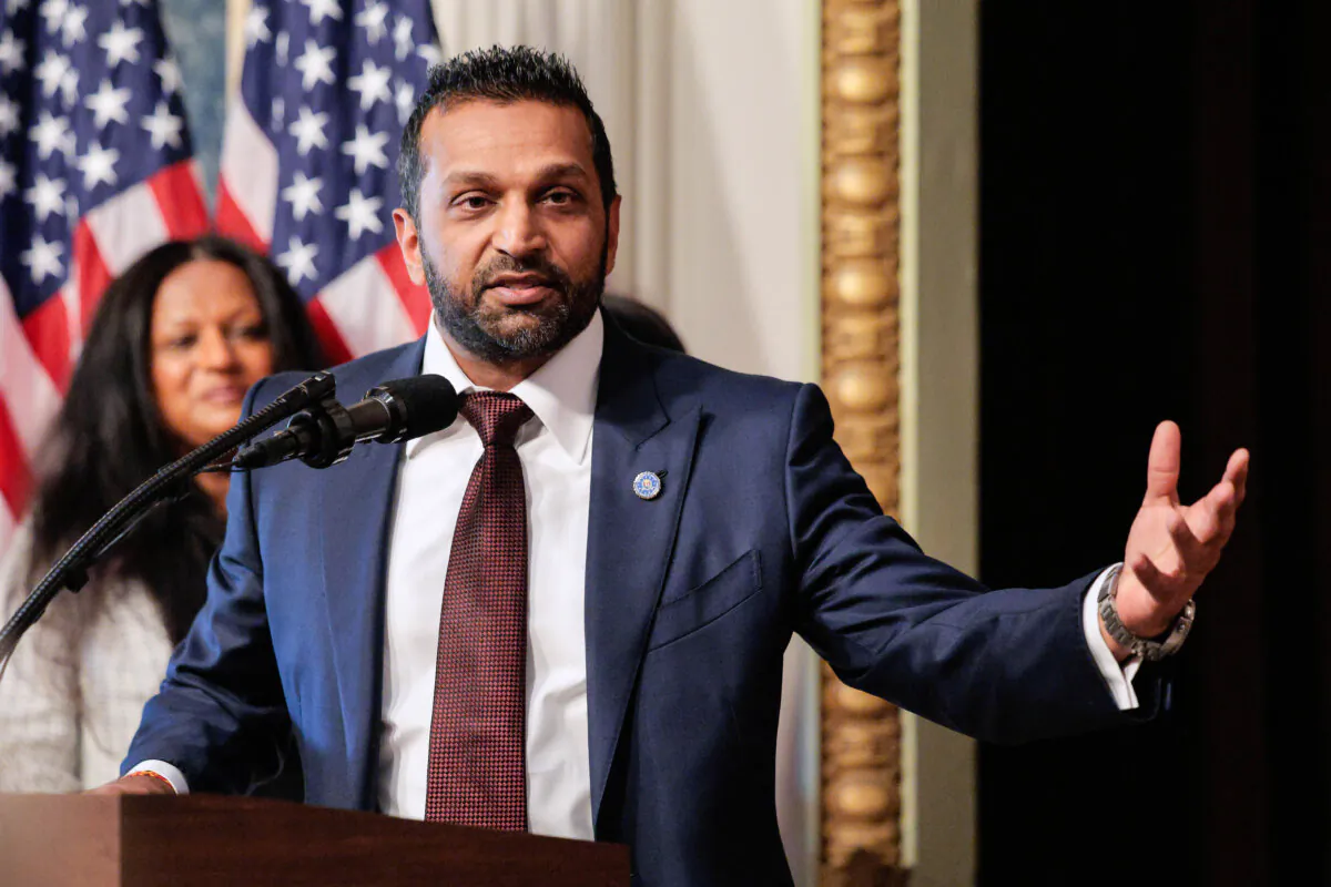 New FBI Director Kash Patel speaks in the Eisenhower Executive Office Building in Washington on Feb. 21, 2025. (Chip Somodevilla/Getty Images)
