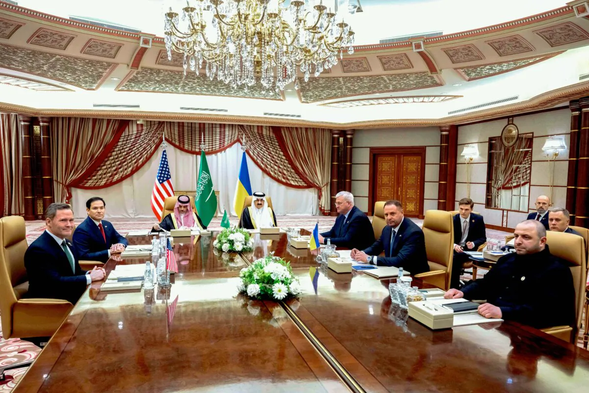 (L–R) U.S. national security advisor Mike Waltz, U.S. Secretary of State Marco Rubio, Saudi Foreign Minister Prince Faisal bin Farhan Al Saud, Saudi National Security Advisor Mosaad bin Mohammad al-Aiban, Ukrainian Foreign Minister Andrii Sybiha, Ukrainian Head of Presidential Office Andriy Yermak, and Ukrainian Minister of Defense Rustem Umerovto, hold a meeting in Jeddah, Saudi Arabia, on March 11, 2025. (Saul Loeb/Pool Photo via AP)
