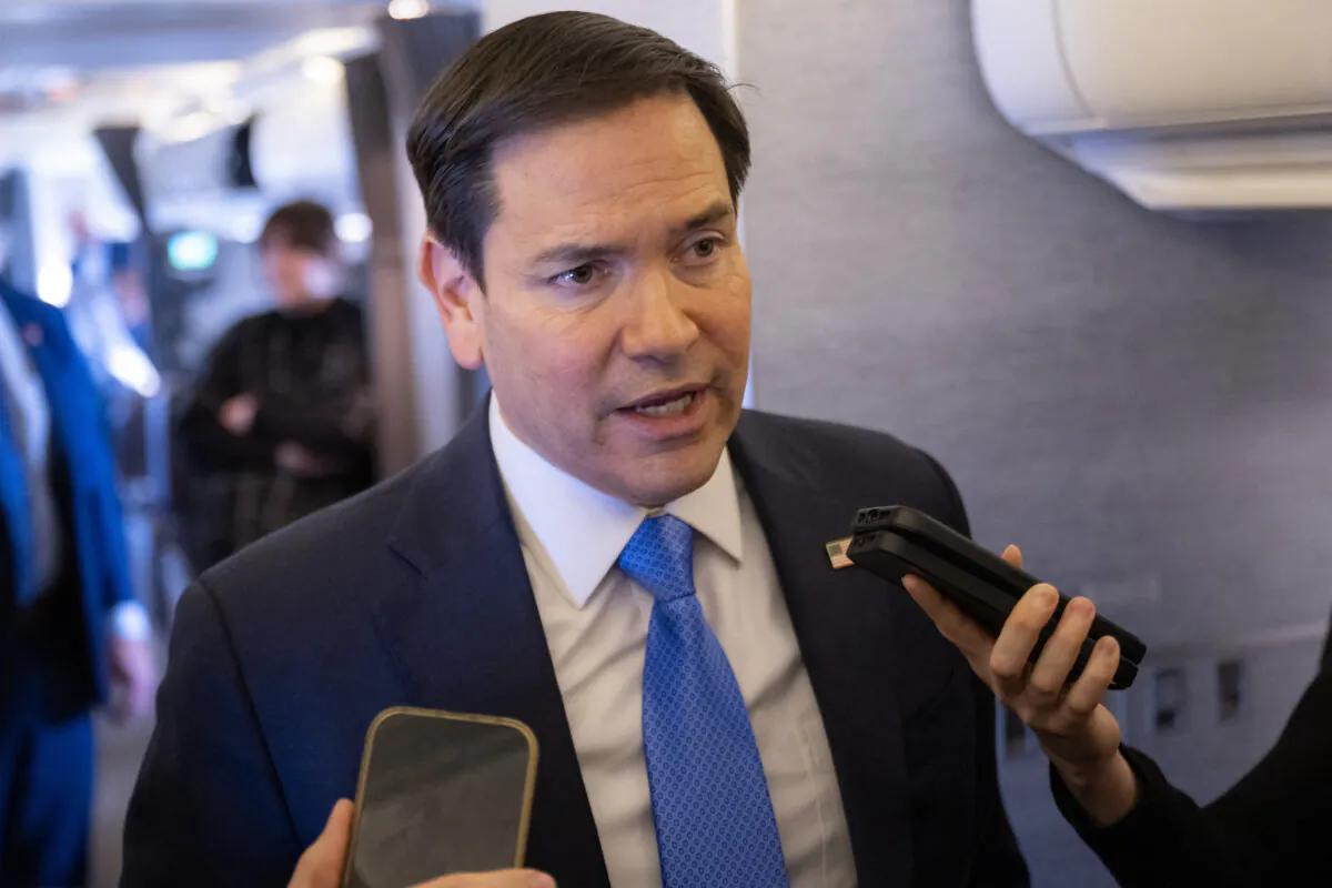 Secretary of State Marco Rubio speaks with the media on his military airplane as he flies to Jeddah, Saudi Arabia, March 10, 2025. (Saul Loeb/POOL/AFP via Getty Images)