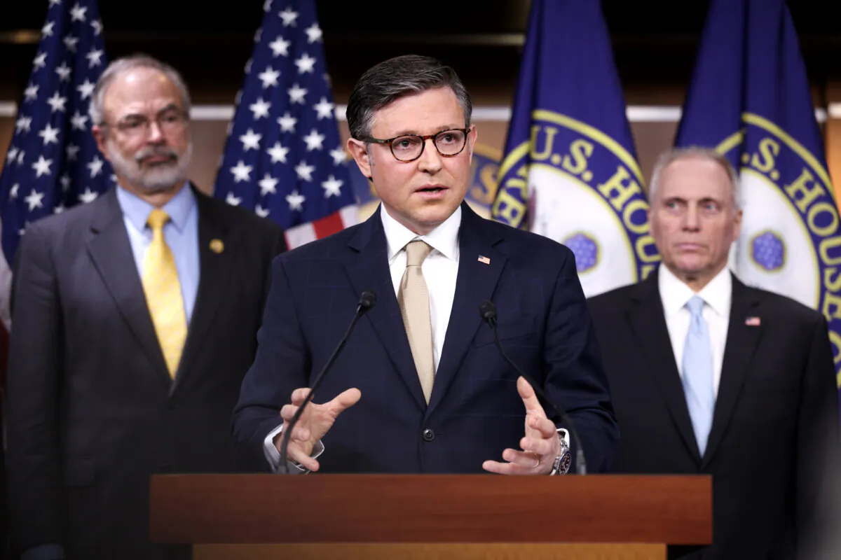 Speaker of the House Mike Johnson (R-La.) (C) speaks alongside Rep. Andy Harris (R-Md.) (L) and House Majority Leader Steve Scalise (R-La.) (R) during a news conference at the U.S. Capitol in Washington on March 11, 2025. (Kayla Bartkowski/Getty Images)