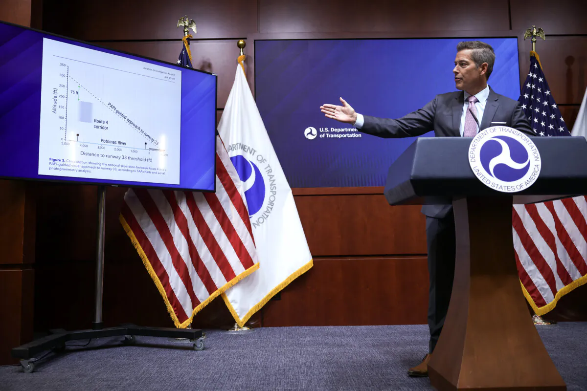 U.S. Transportation Secretary Sean Duffy speaks at a press conference at the Department of Transportation in Washington on March 11, 2025. (Kayla Bartkowski/Getty Images)