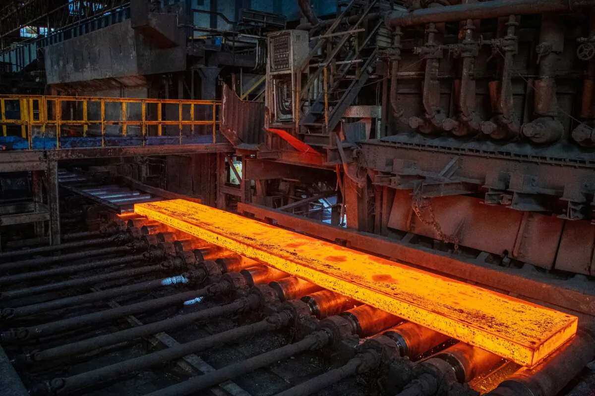 A slab of steel on the production line at the Tata Steel Port Talbot integrated iron and steel works in south Wales on Aug. 15, 2023. (Geoff Caddick/AFP via Getty Images)