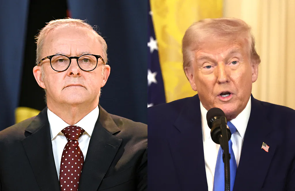 (L-R) Australian Prime Minister Anthony Albanese, U.S. President Donald Trump. (AAP Image/Dean Lewins, Tasos Katopodis/Getty Images)