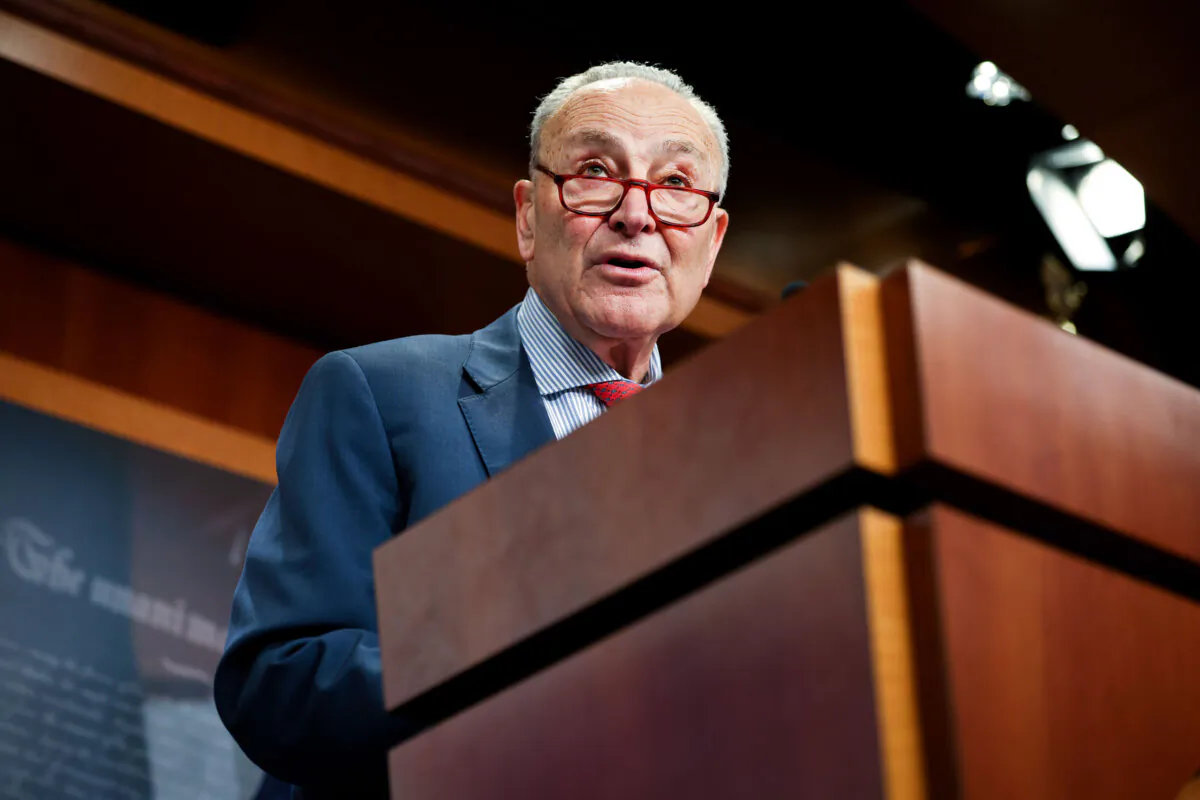Senate Minority Leader Chuck Schumer (D-N.Y.) speaks alongside Democratic senators to press in the U.S. Capitol in Washington on March 6, 2025. (Kayla Bartkowski/Getty Images)