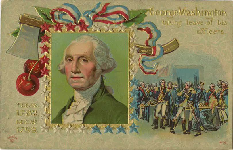 George Washington's Birthday, image of Washington taking leave of his officers. (John I. Monroe Collection/The Newsberry, Public Domain)