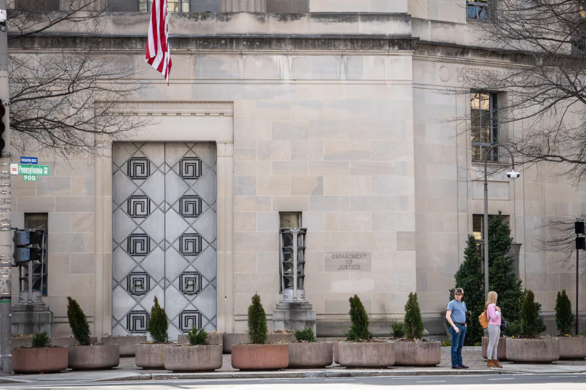 The Department of Justice (DOJ) in Washington on March 10, 2025. (Madalina Vasiliu/The Epoch Times)