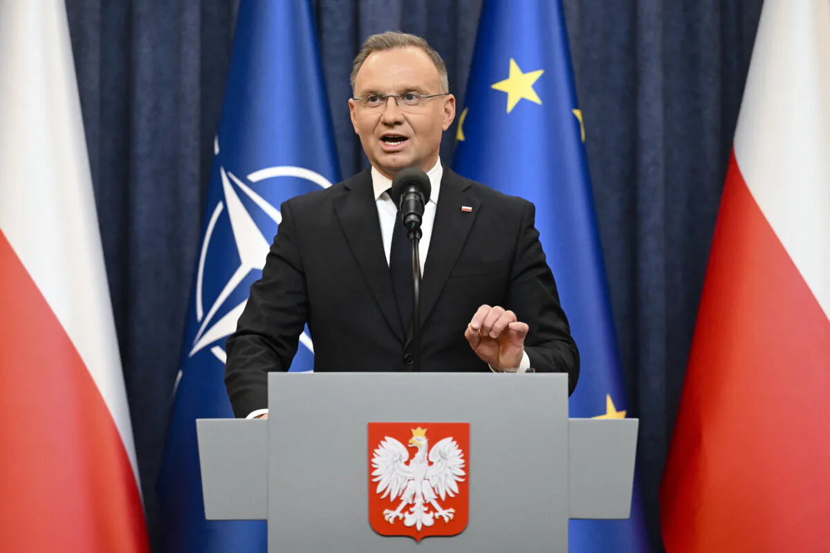 Polish President Andrzej Duda addresses a press conference following his talks with the U.S. defense secretary at the Presidential Palace in Warsaw on Feb. 14, 2025. (Sergei Gapon/AFP via Getty Images)