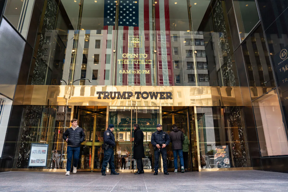NYPD officers outside Trump Tower in New York City on March 13, 2025. (Samira Bouaou/The Epoch Times)