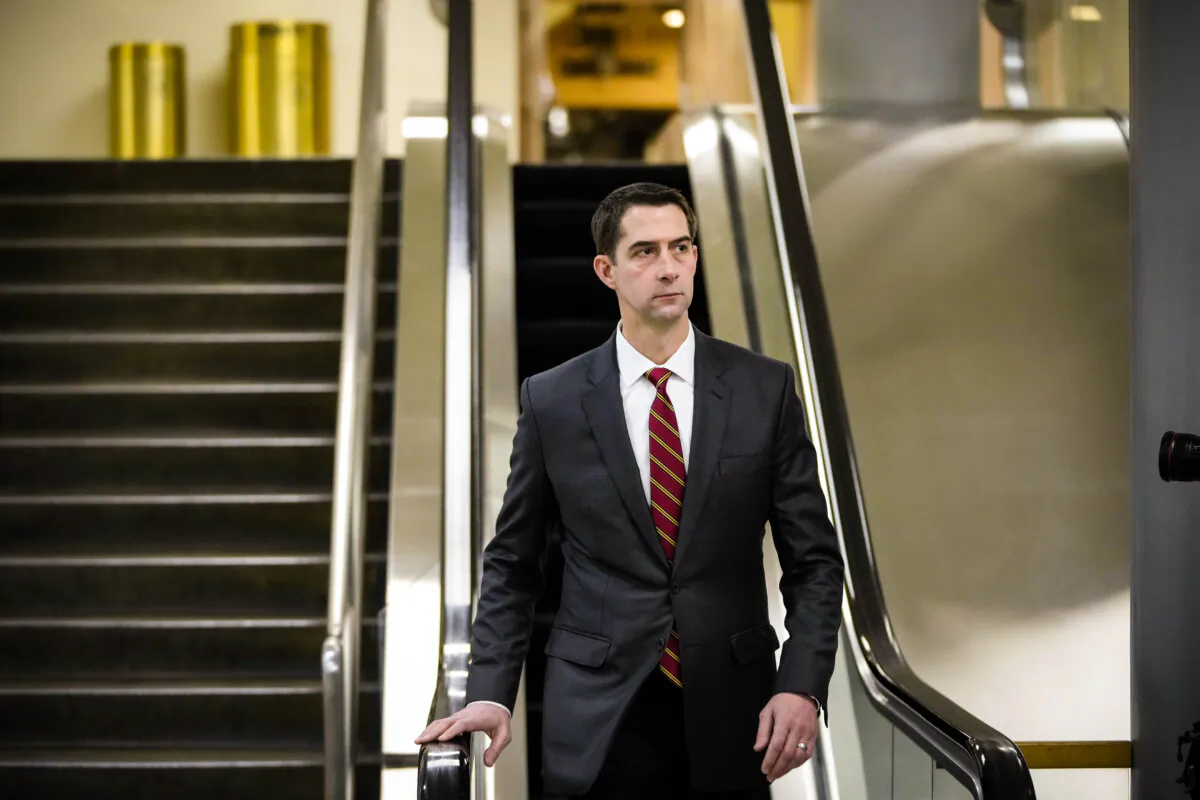 Sen. Tom Cotton (R-Ark.) walks through the Senate Subway after a vote at the U.S. Capitol in Washington on Jan. 5, 2022. (Drew Angerer/Getty Images)