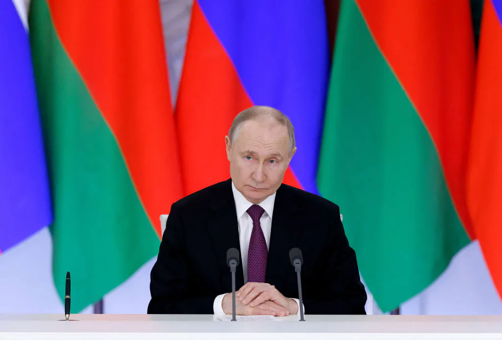 Russia's President Vladimir Putin attends a signing ceremony and a press conference following a meeting with his Belarusian counterpart at the Kremlin in Moscow on March 13, 2025. (Maxim Shemetov/POOL/AFP via Getty Images)