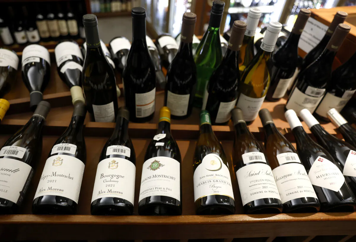 Bottles of French wine are displayed in a store in San Anselmo, Calif., on March 13, 2025. (Justin Sullivan/Getty Images)