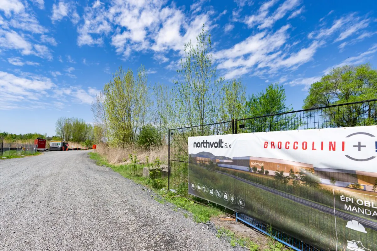 The entrance to Northvolt’s EV battery plant being built in Saint-Basile-le-Grand, east of Montreal, on May 16, 2024. The Swedish manufacturer filed for bankruptcy on March 12, 2025. (The Canadian Press/Christinne Muschi)