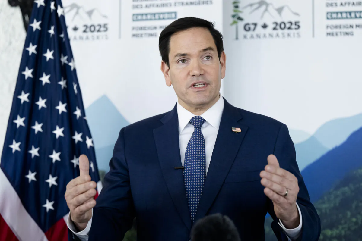 U.S. Secretary of State Marco Rubio speaks with reporters following the G7 foreign ministers meeting in La Malbaie, Quebec, on March 14, 2025. (Saul Loeb/Pool/AFP via Getty Images)
