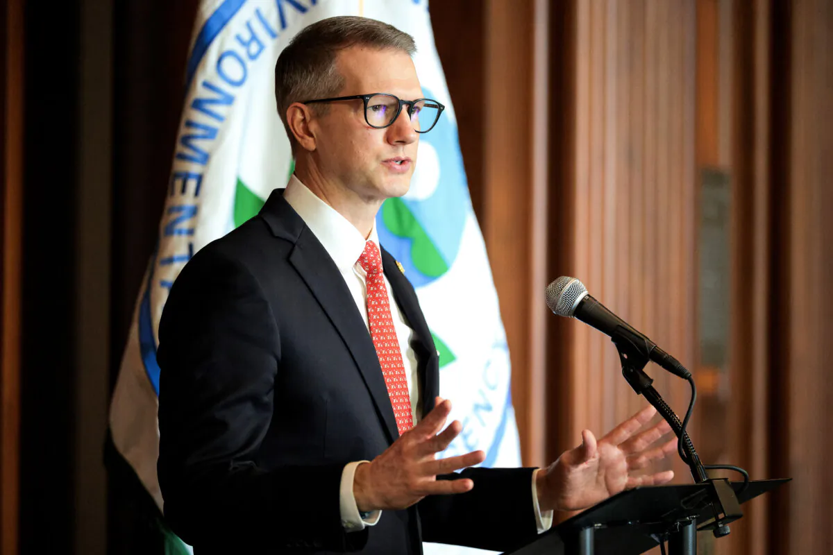 Rep. Riley Moore (R-W.Va.) speaks during a Water Policy Announcement at the Environmental Protection Agency Headquarters in Washington on Feb. 18, 2025. (Kayla Bartkowski/Getty Images)
