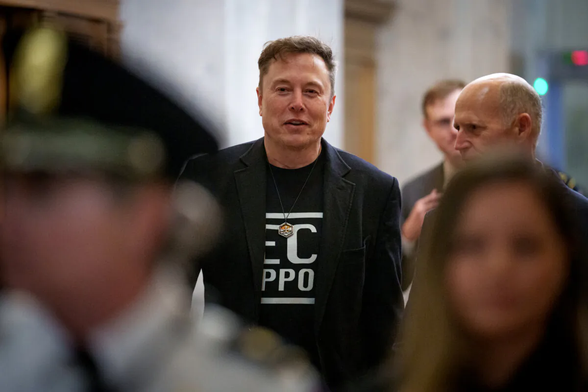White House senior adviser to the president and Tesla and SpaceX CEO Elon Musk speaks to Sen. Rick Scott (R-Fla.) (R) as he arrives at the U.S. Capitol Building in Washington on March 5, 2025. (Andrew Harnik/Getty Images)