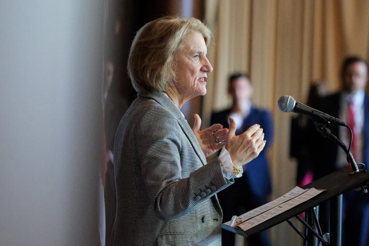 U.S. Sen. Shelley Moore Capito (R-W.Va.) speaks at the Environmental Protection Agency headquarters in Washington on on Feb. 18, 2025. (Kayla Bartkowski/Getty Images)