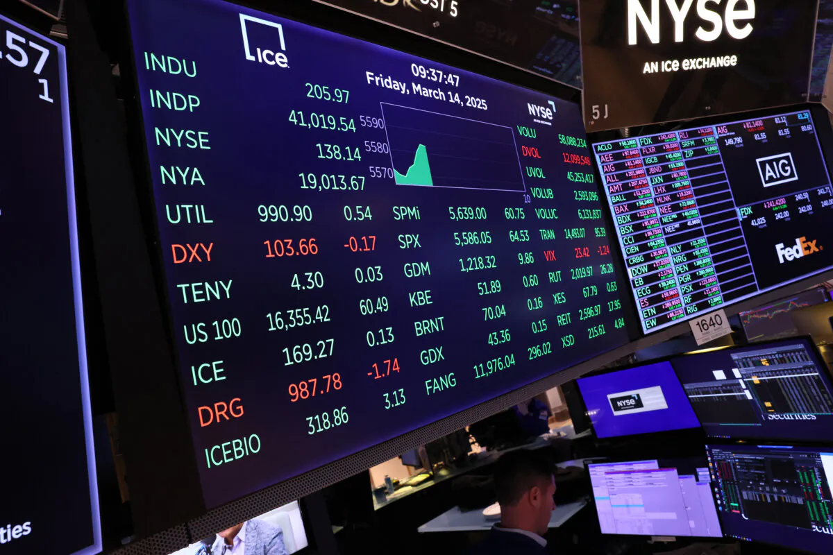 Stock market numbers are seen as traders work on the floor of the New York Stock Exchange during morning trading on March 14, 2025. (Michael M. Santiago/Getty Images)