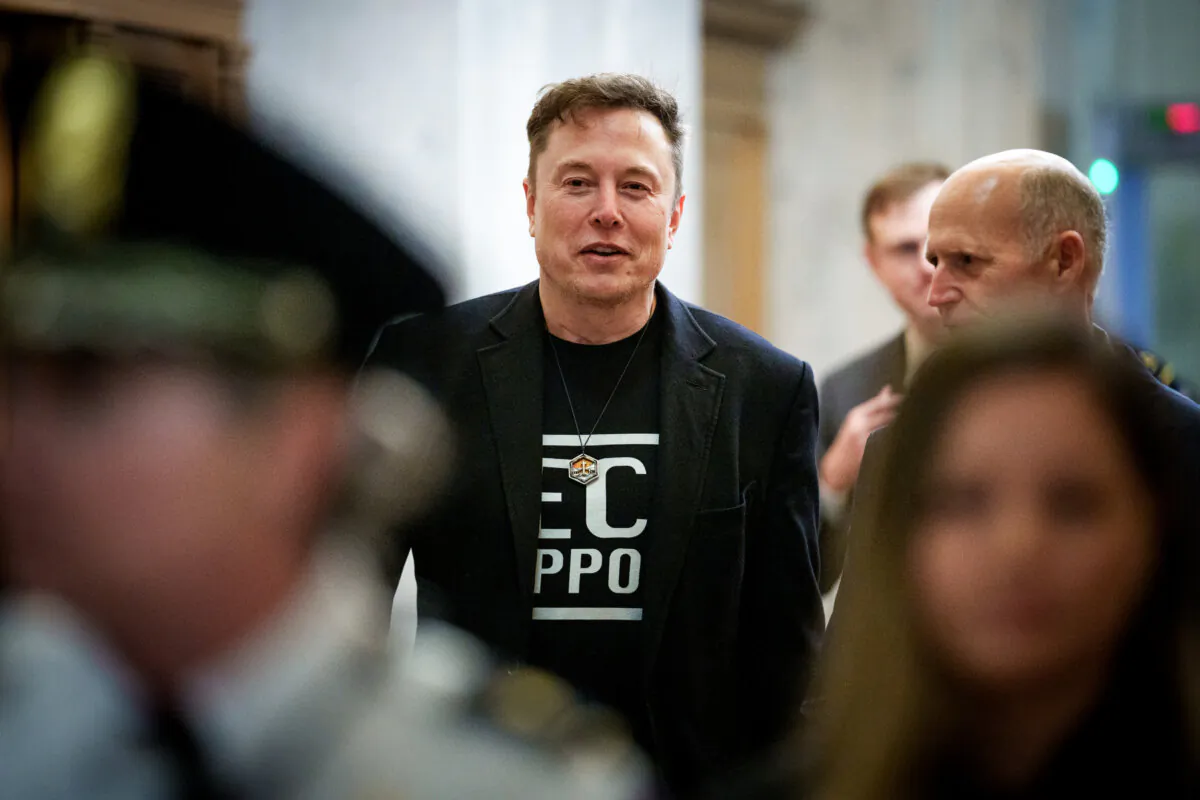 White House senior adviser to the president and Tesla and SpaceX CEO Elon Musk speaks to Sen. Rick Scott (R-Fla.) (R) as he arrives at the U.S. Capitol Building in Washington on March 5, 2025. (Andrew Harnik/Getty Images)