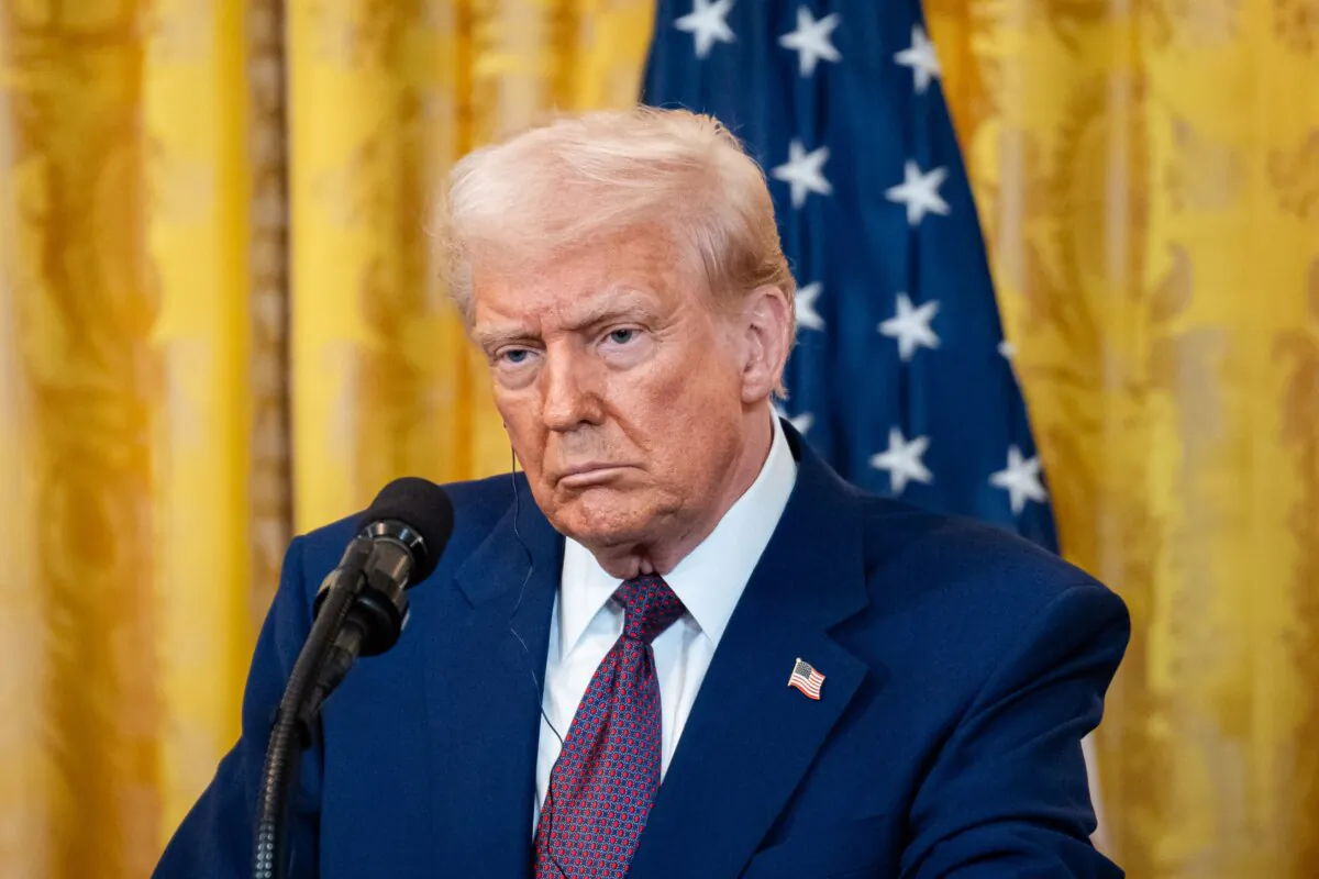 President Donald Trump speaks during a press conference at the White House in Washington on Feb. 13, 2025. (Madalina Vasiliu/The Epoch Times)