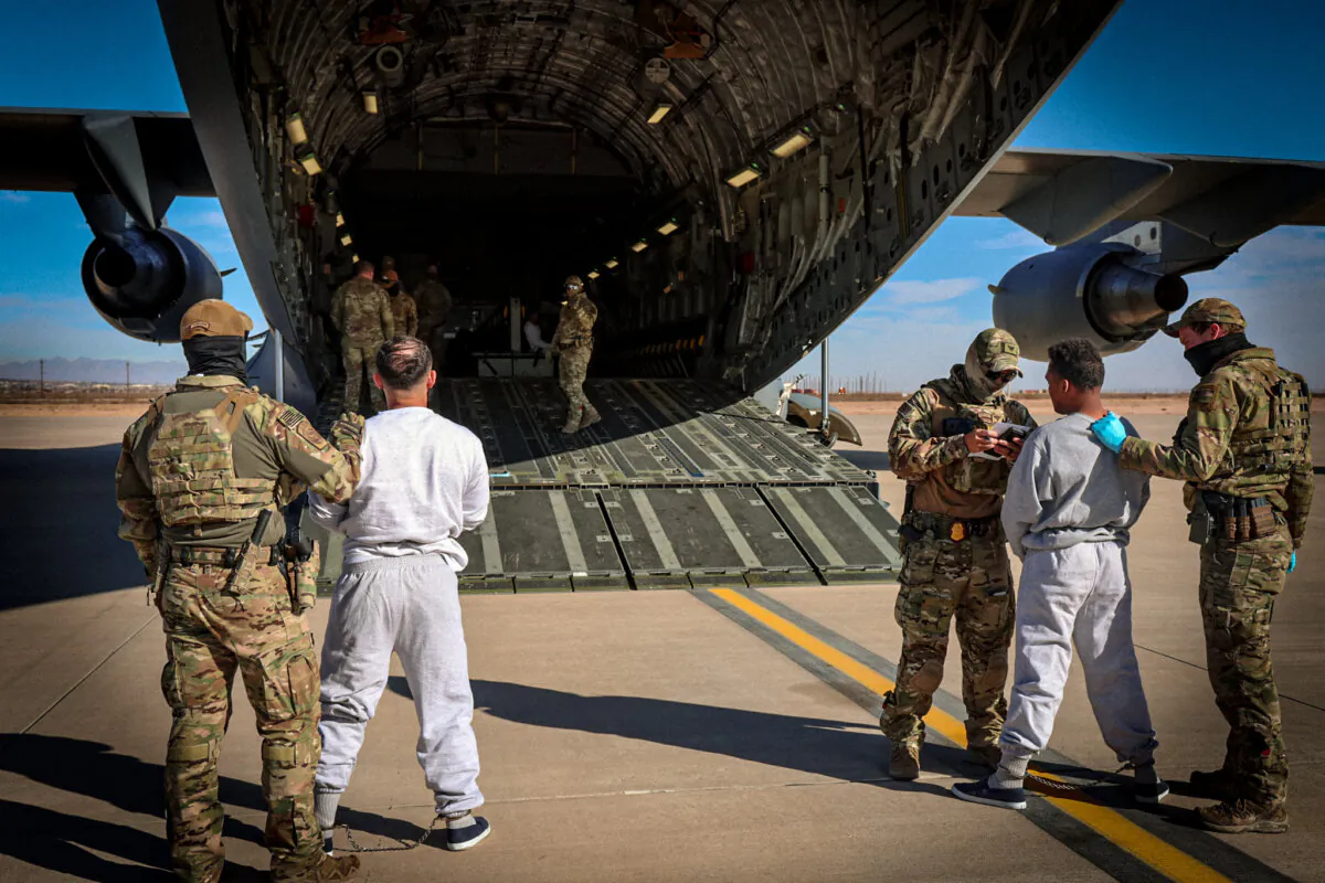 A military flight carrying illegal immigrant members of the Tren de Aragua gang to Guantanamo Bay prepares to depart, in El Paso, Texas, on Feb. 4, 2025. (Department of Homeland Security)