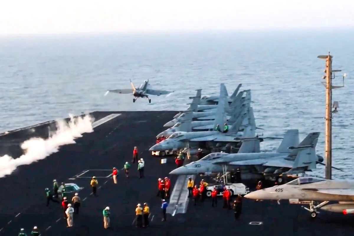 An aircraft launches from the USS Harry S. Truman in the Red Sea before airstrikes in Sanaa, Yemen, on March 15, 2025. (U.S. Navy via AP)