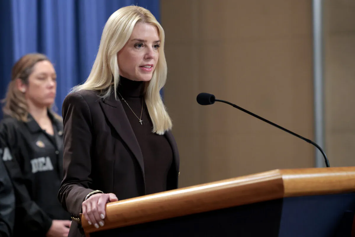 Attorney General Pam Bondi speaks during a news conference at the Department of Justice Building in Washington on Feb. 12, 2025. (Anna Moneymaker/Getty Images)