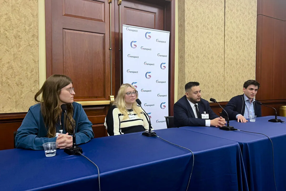(L–R) Detransitioners Soren Adelson, Laura Becker, Abel Garcia, and Forrest Smith speak at a Capitol Hill briefing for Detrans Awareness Day, in Washington on March 12, 2025. (Courtesy of Genspect)