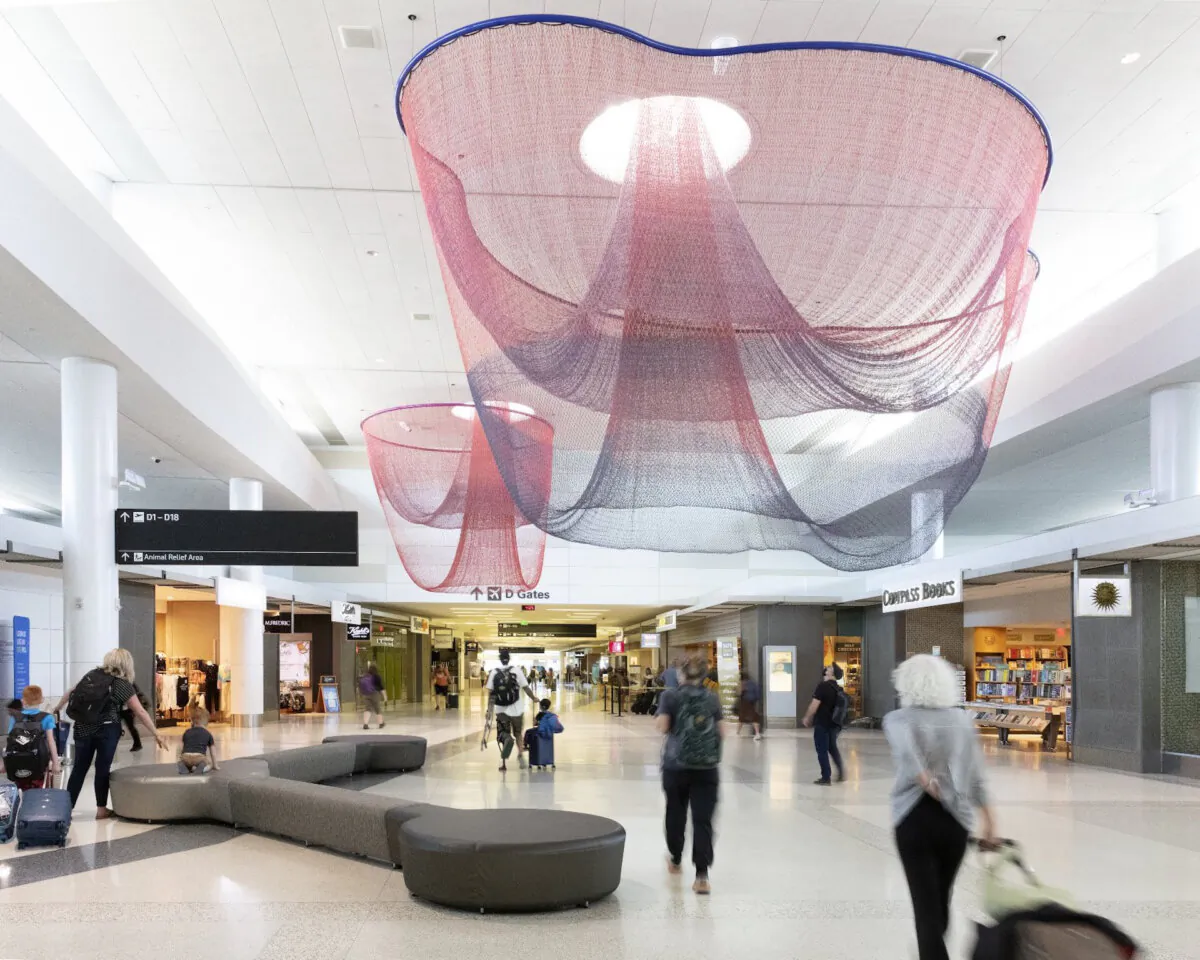 At San Francisco International Airport, "Every Beating Second" by Janet Echelman is among the large-scale work commissions by artists of local, national, and international acclaim. (Photo courtesy of SFO Museum)