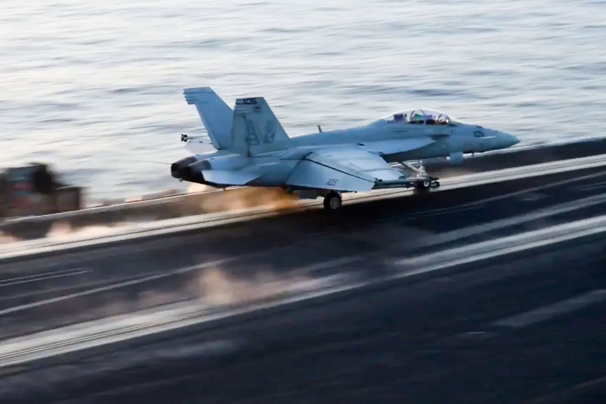 An aircraft launches from the USS Harry S. Truman in the Red Sea before airstrikes in Sanaa, Yemen, on March 15, 2025. (U.S. Navy via AP)