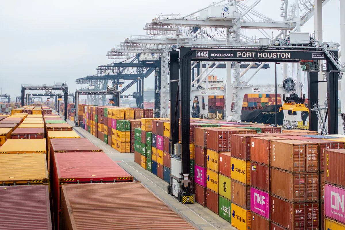 Shipping containers are organized at the Houston Port of Authority in Houston on Feb. 10, 2025. (Brandon Bell/Getty Images)