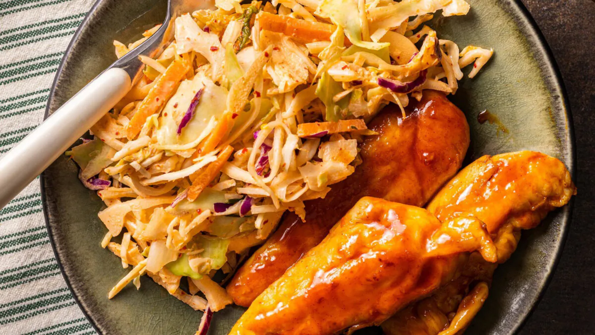 The sweet gochujang sauce is inspired by the glaze on Korean fried chicken. (Steve Klise/TCA)