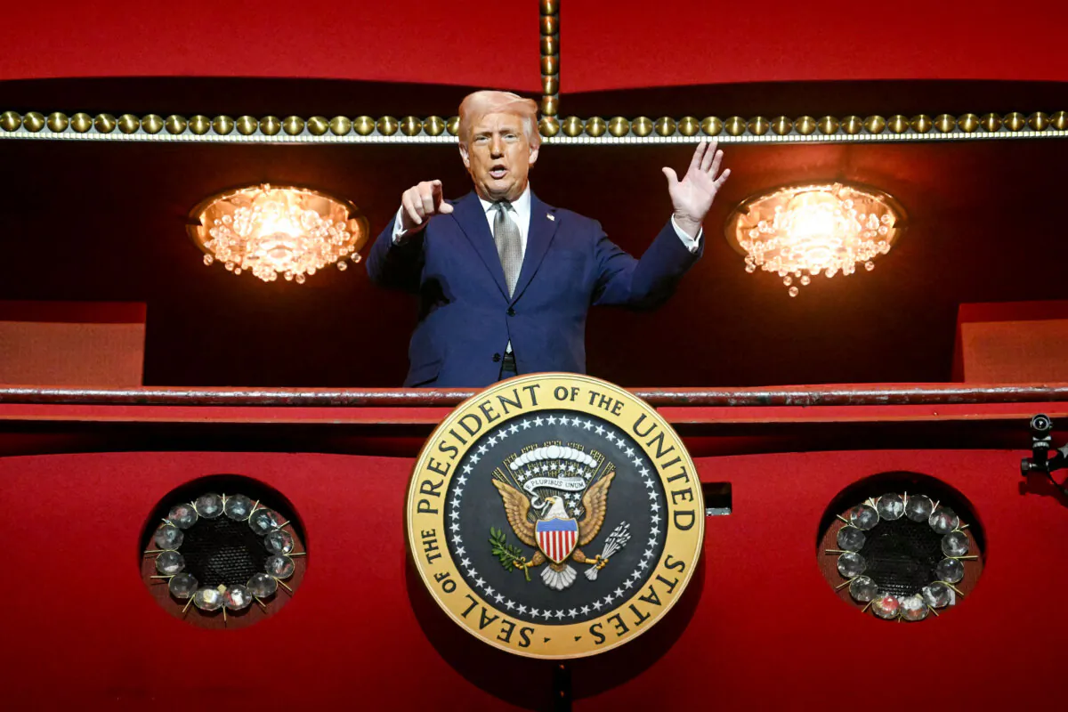 President Donald Trump stands in the presidential box as he tours the John F. Kennedy Center for the Performing Arts in Washington, on March 17, 2025. (Jim Watson/AFP via Getty Images)