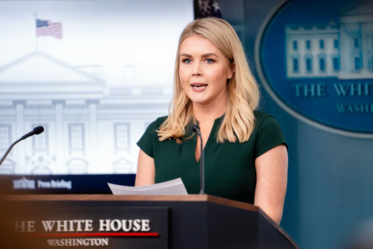White House press secretary Karoline Leavitt speaks during a news briefing at the White House in Washington on March 17, 2025. (Madalina Vasiliu/The Epoch Times)